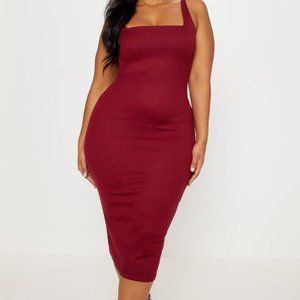 Plus Burgundy Ribbed Square Neck Midi Dress
